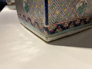 A pair of square Chinese famille rose brown-ground vases, 19th C.